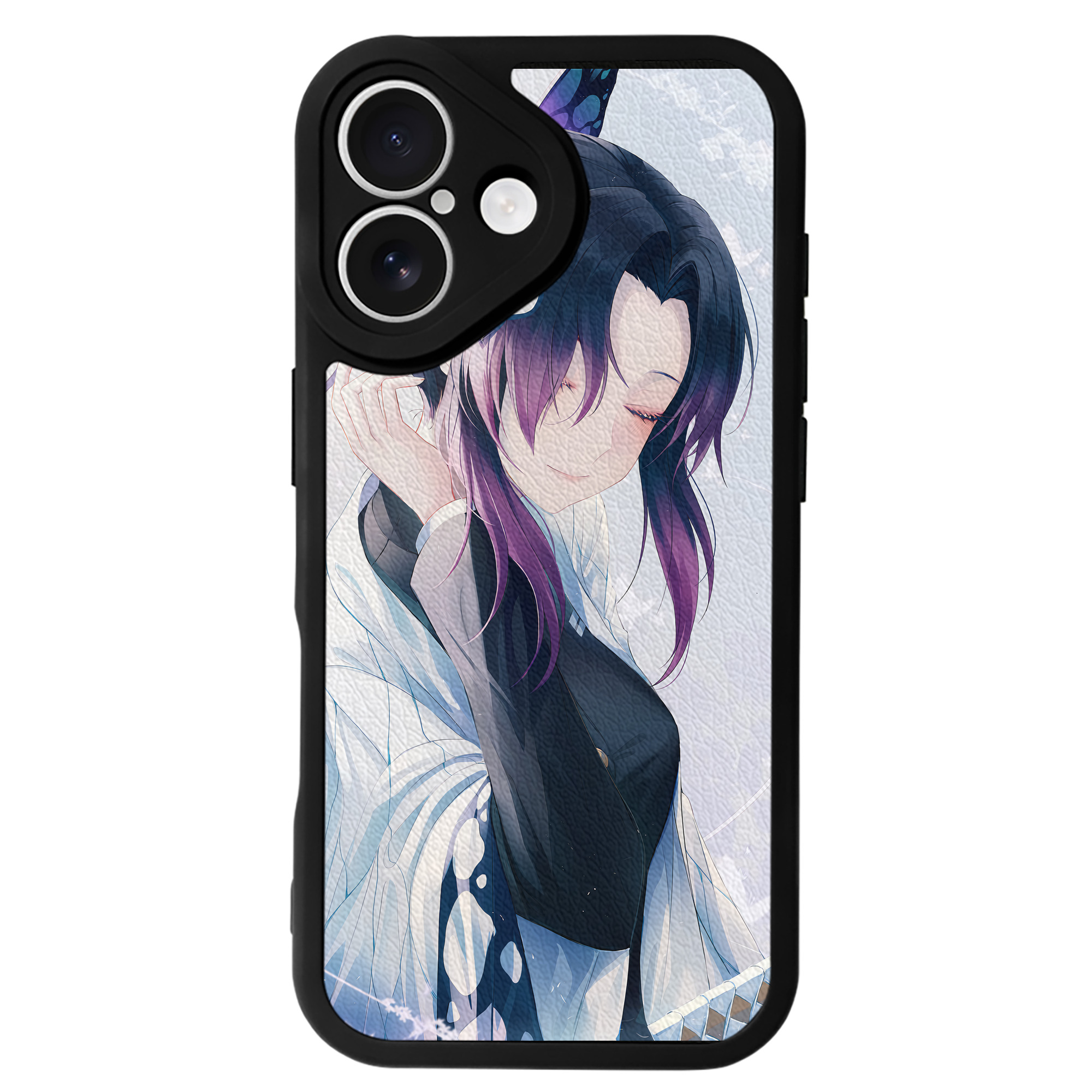 （画像用） 鬼滅の刃（きめつのやいば）蟲柱-胡蝶 しのぶ／こちょう しのぶ Kochou Shinobu 【iPhone 16シリーズ対応】シリコンスマホケース（レザー調） 材質：シリコン